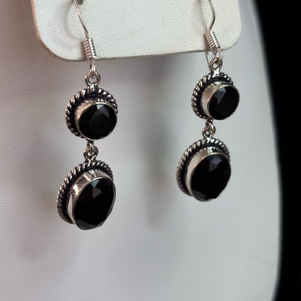 Chic Black Onyx and .925 Silver Overlay Dangle Earrings